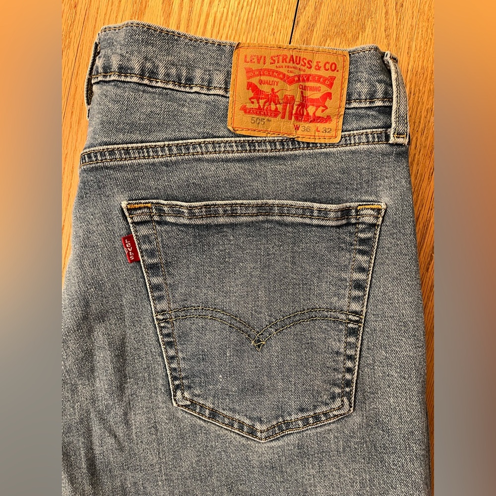 Levi's 505 Light Blue Straight Jeans with Tan Patch Width 36, Length 32